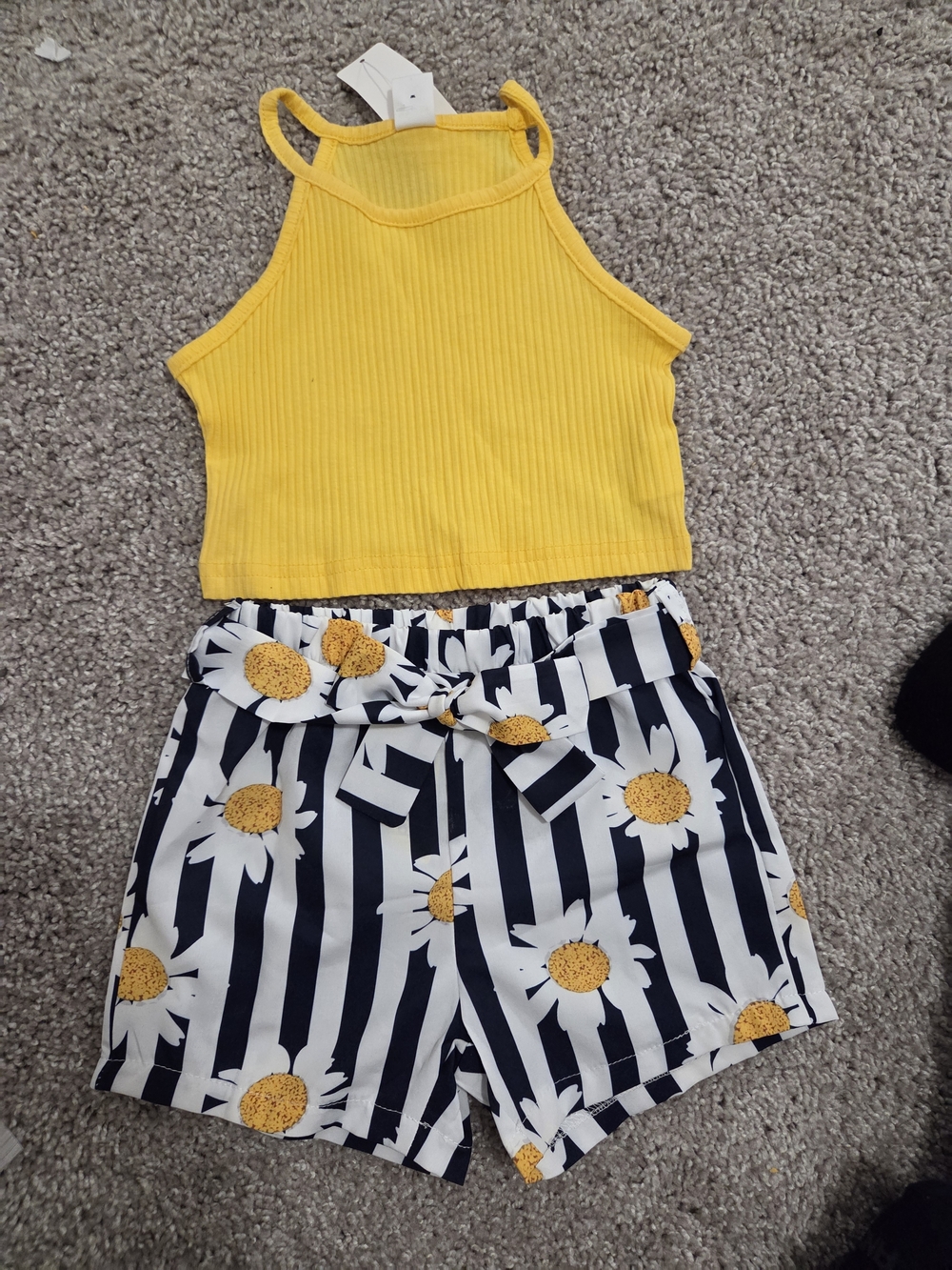 Yellow Ribbed Crop Tank with Daisy Stripe Shorts Set